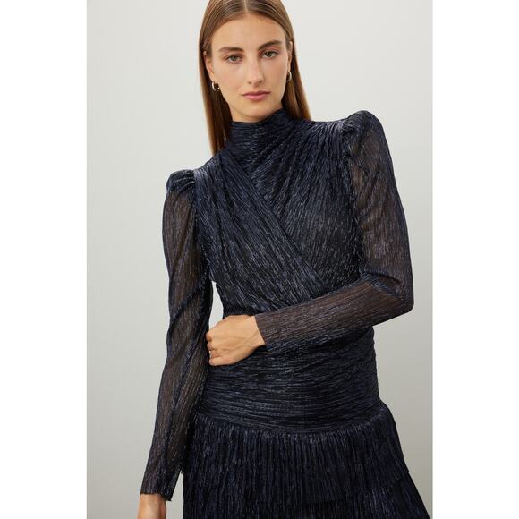 Sabina Musayev Brenda Navy Blue Metallic Long Sleeve Mock Neck Mini Dress Small - Picture 6 of 12
